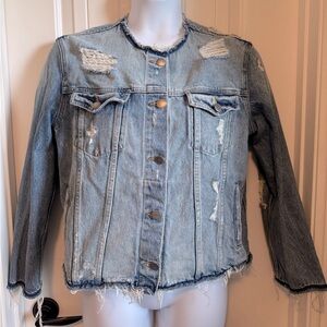 Frame Denim Light Wash Distressed Collarless Jean Jacket